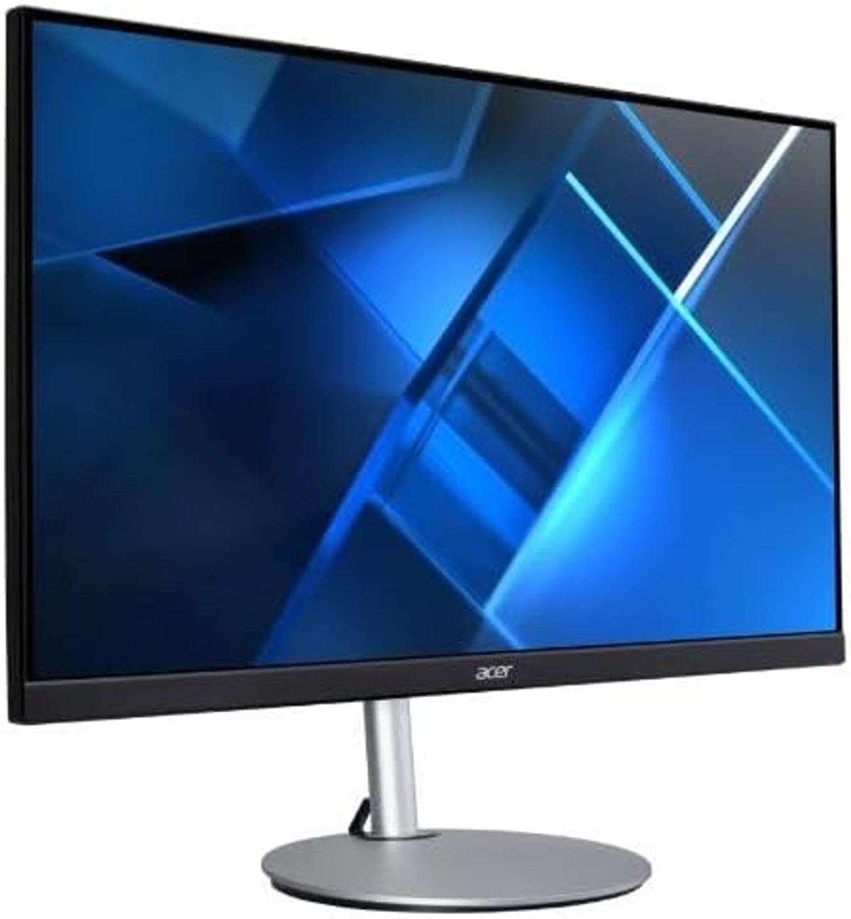 Monitor Acer, bisel negro, soporte plateado. Pantalla azul con líneas.