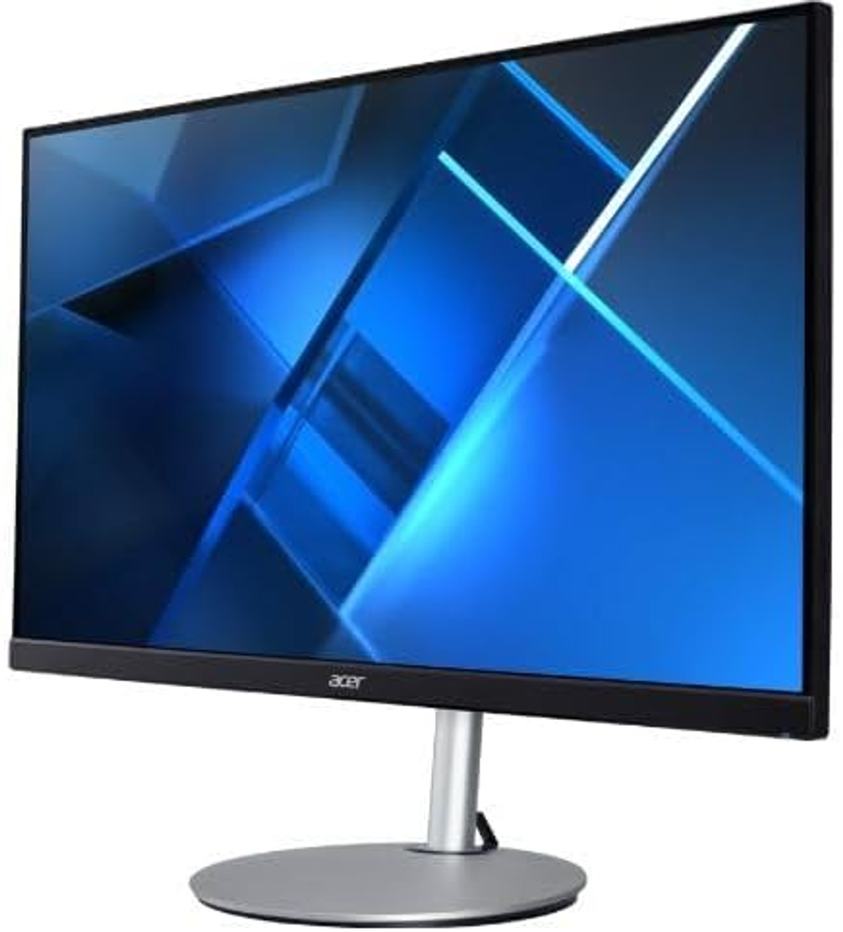Monitor Acer, marco negro, soporte plateado, mostrando un diseño abstracto azul.
