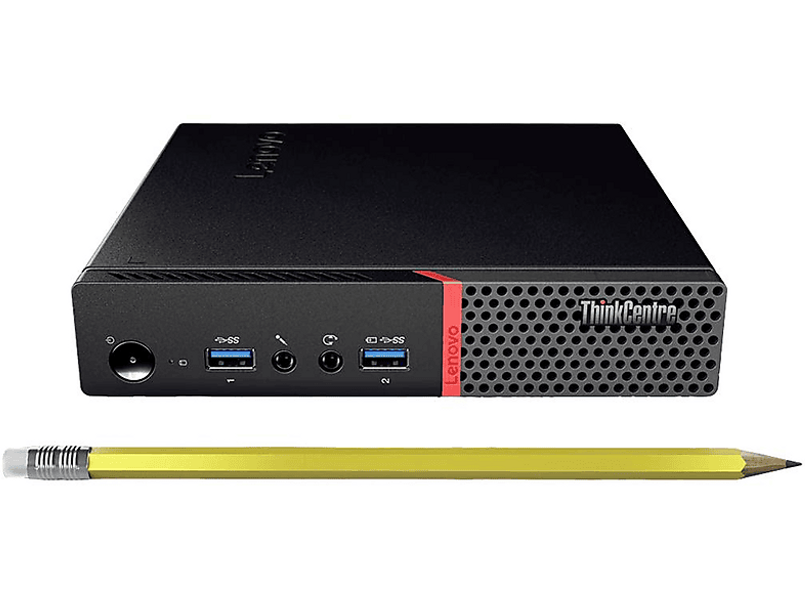 Schwarzer Lenovo ThinkCentre Desktop-PC mit einem gelben Bleistift daneben.
