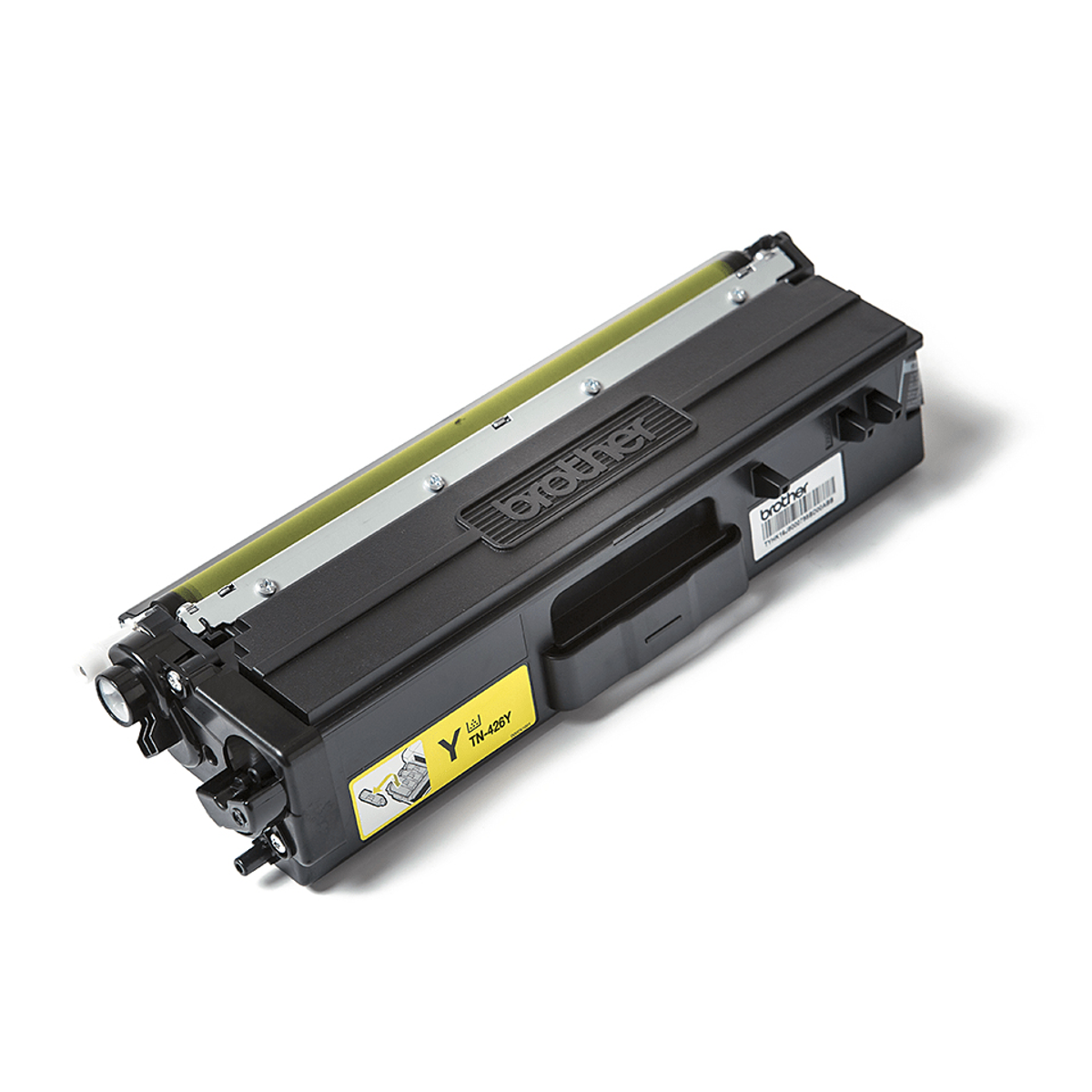 Una cartuccia toner Brother gialla, custodia nera, con logo Brother. Su sfondo bianco.
