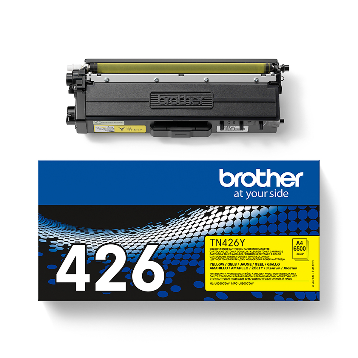 Cartuccia toner Brother TN426Y e scatola. Toner giallo. Scatola con design blu e giallo.