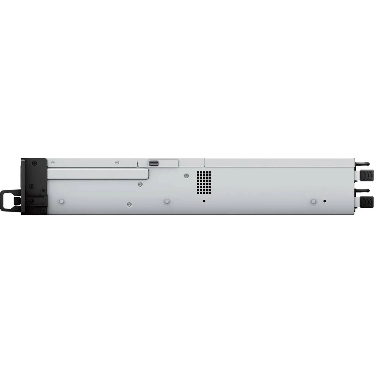 Rückseite eines schwarzen NAS-Servers. Enthält Anschlüsse für LAN, USB, HDMI und Strom. Ein Lüfter ist auch sichtbar.