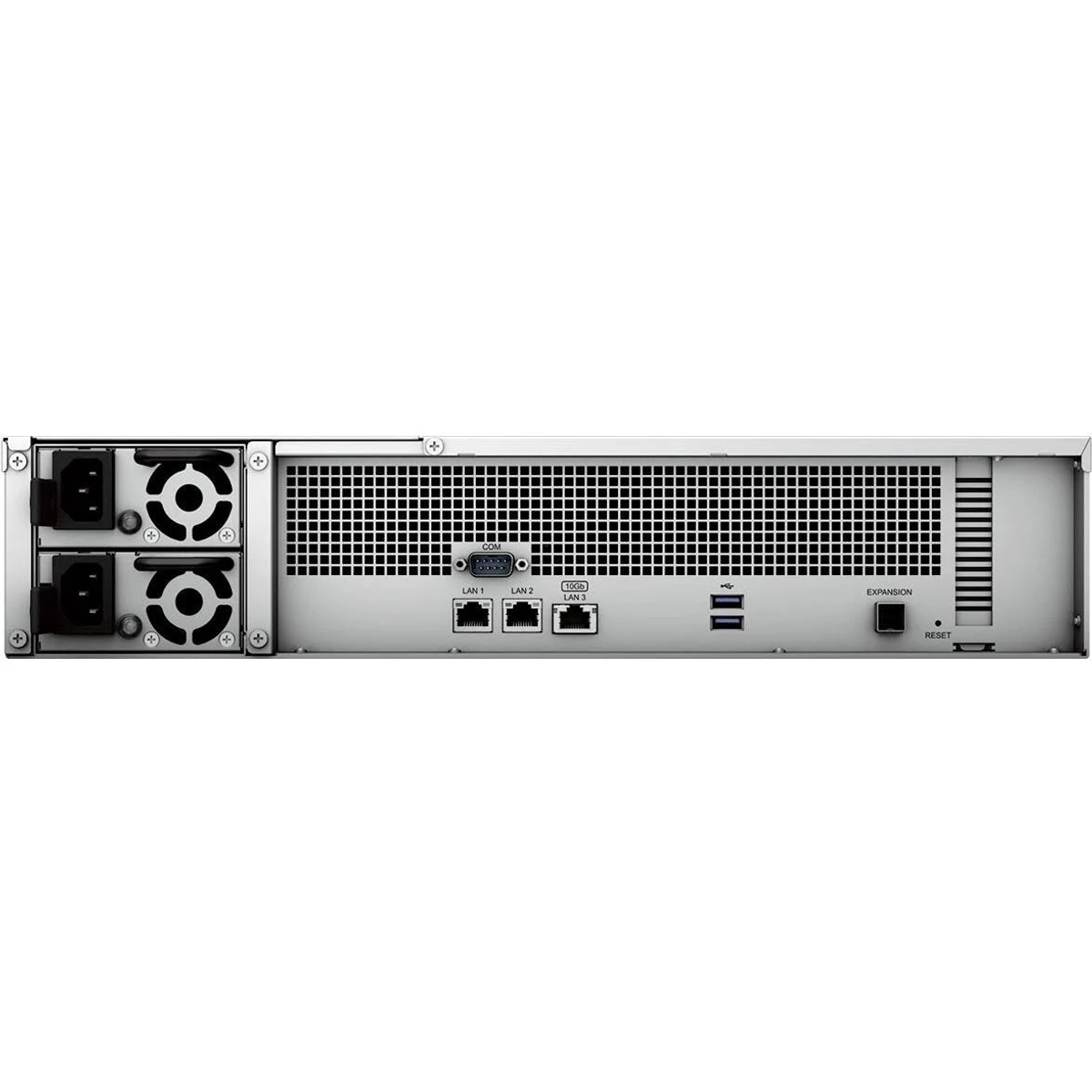 Rückseite eines NAS-Servers. Enthält LAN-Anschlüsse, USB-Anschlüsse und Stromeingänge. Hat eine Reset-Taste.