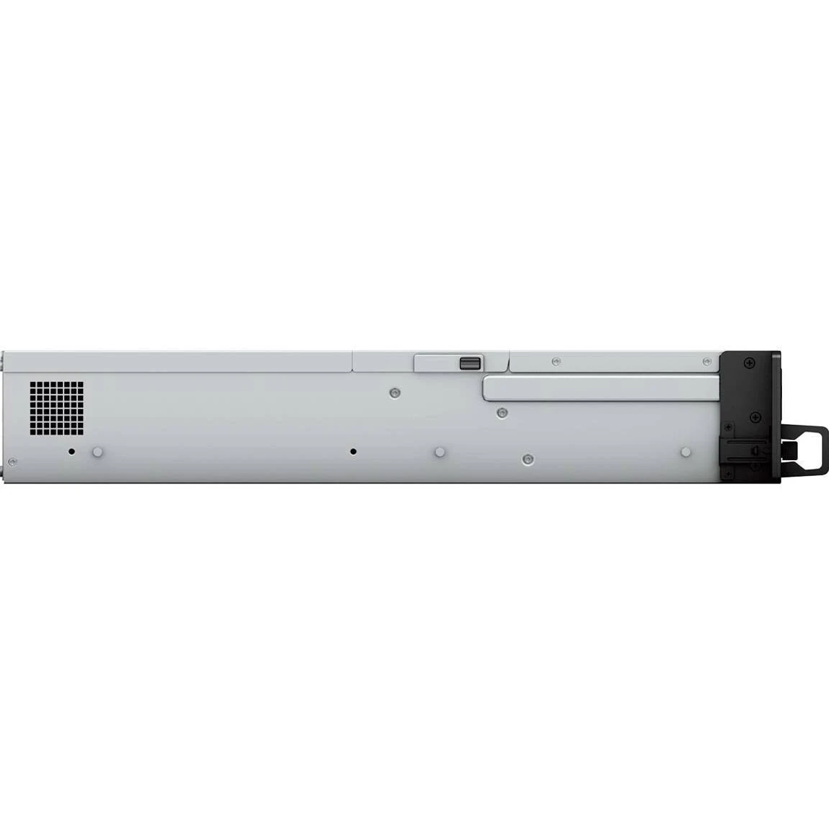 Graues Server-Rack mit schwarzem Griff. Seitenansicht. Hat eine Entlüftung, einen USB-Anschluss und Schraubenlöcher.