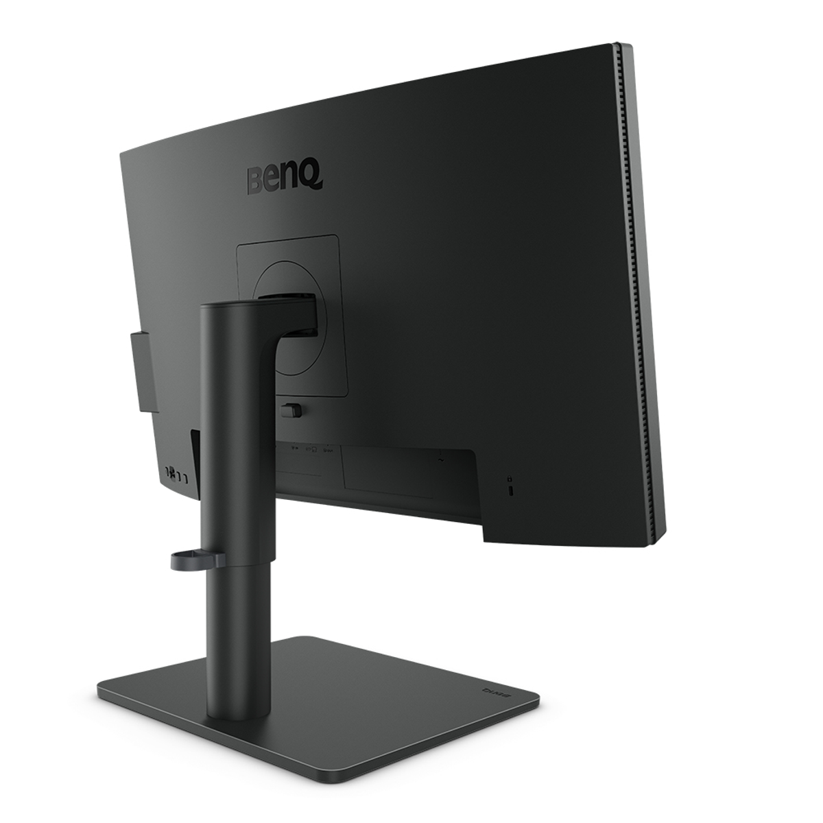Monitor de computadora negro, vista trasera, con el logotipo de BenQ, sobre fondo blanco.