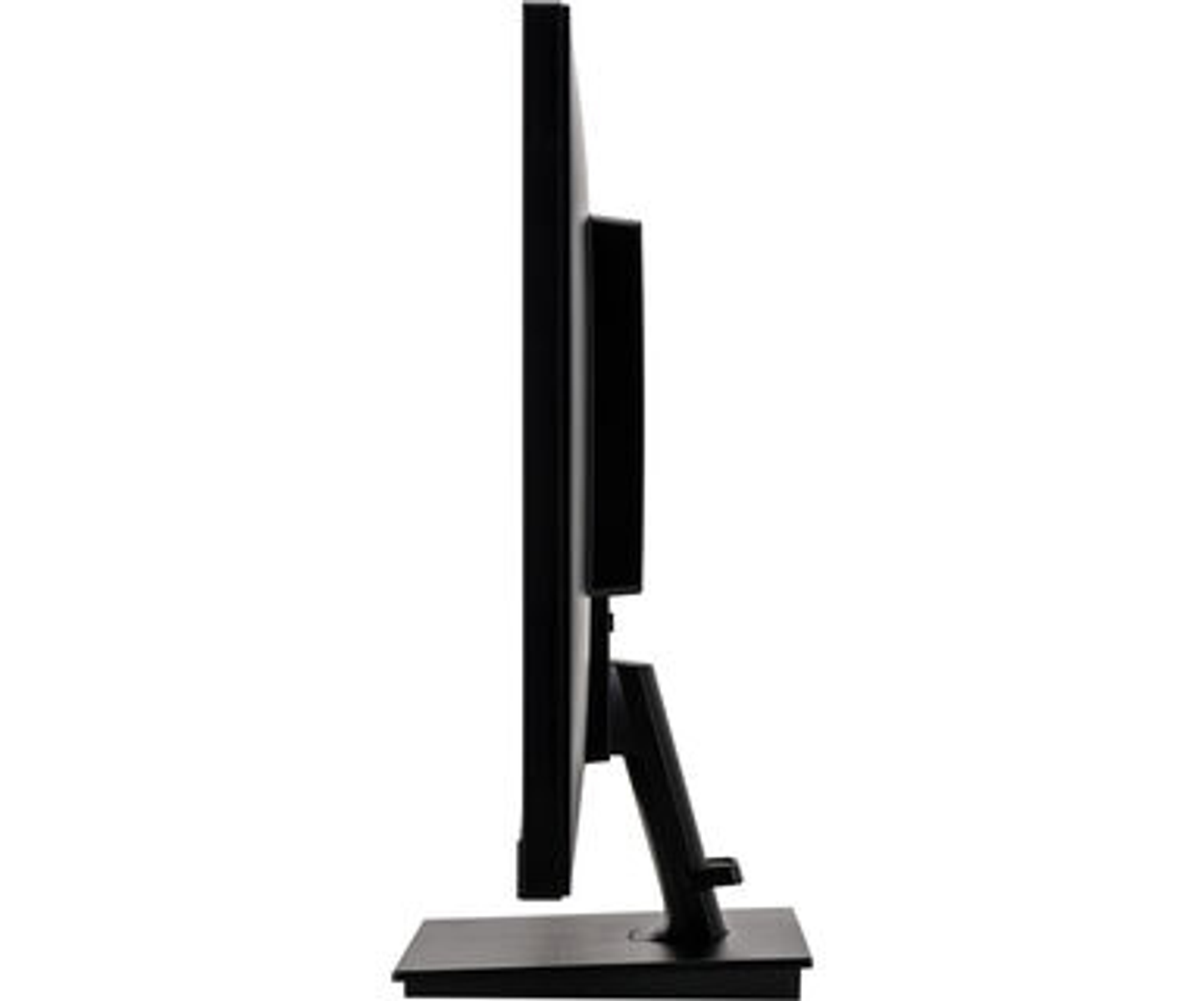 Monitor de ordenador negro. Vista lateral, con soporte.