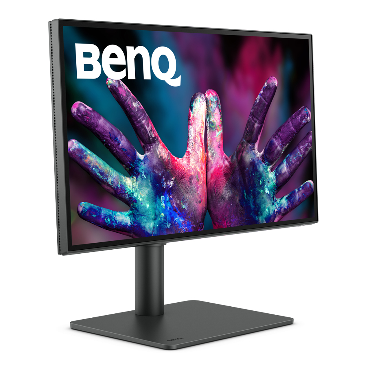 Monitor negro con manos coloridas en la pantalla. Está sobre un soporte negro.