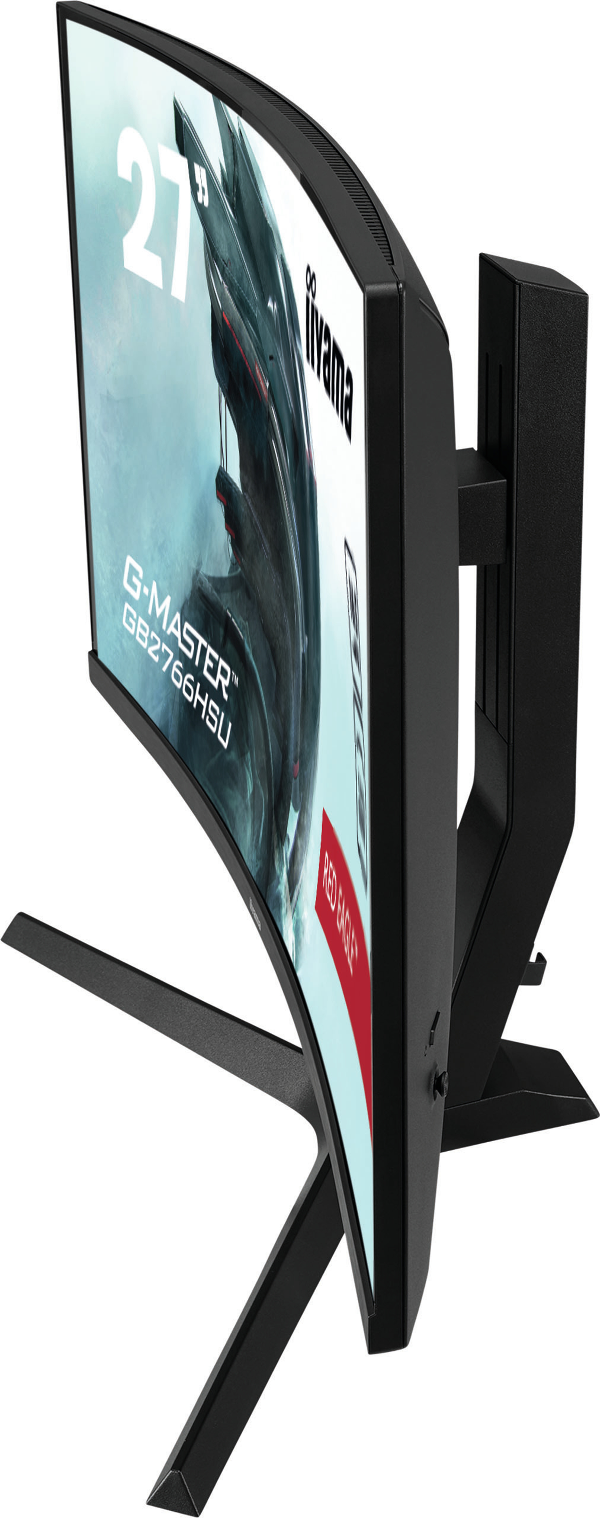 Moniteur noir incurvé avec support, scène de jeu.