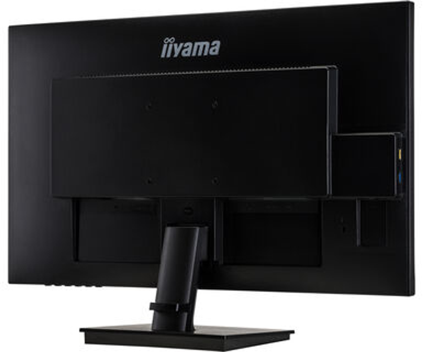 Parte trasera de un monitor Iiyama negro con soporte y varios puertos.