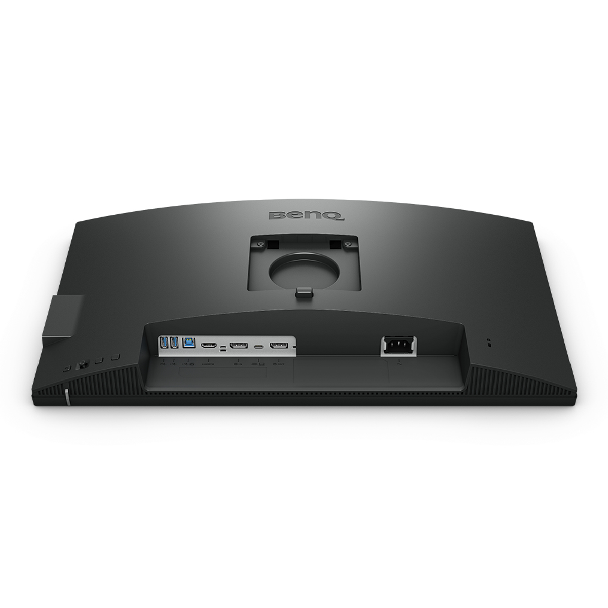 Parte trasera de un monitor BenQ negro con puertos. Fondo blanco.