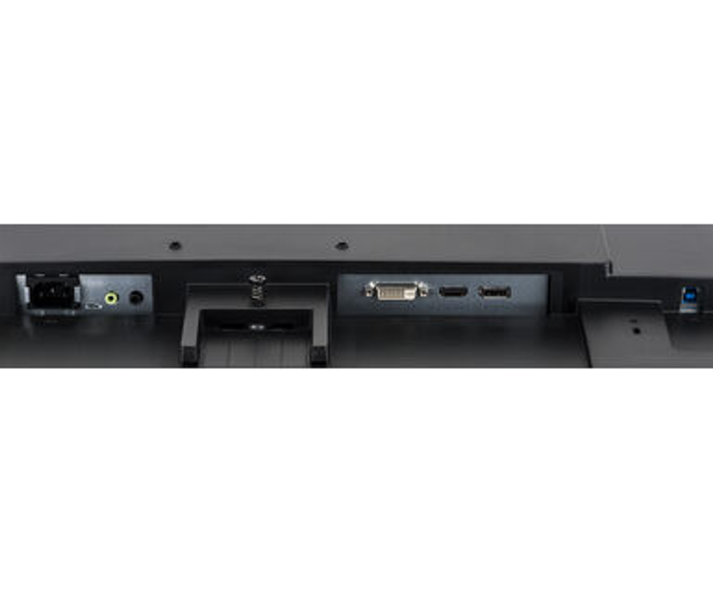 Primer plano de la parte trasera de un monitor, mostrando puertos de alimentación, audio y video.