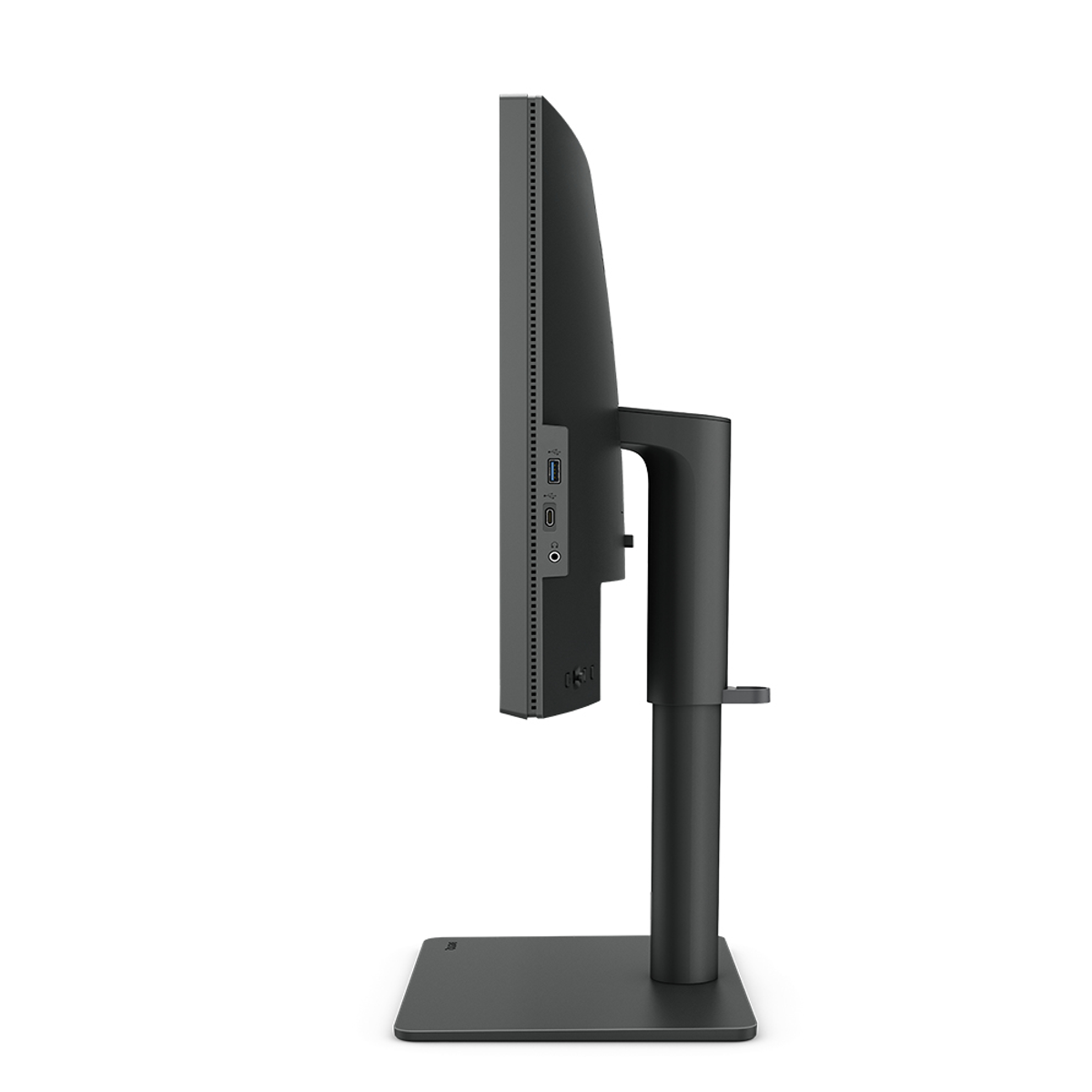 Vista lateral de un monitor de ordenador negro con soporte.