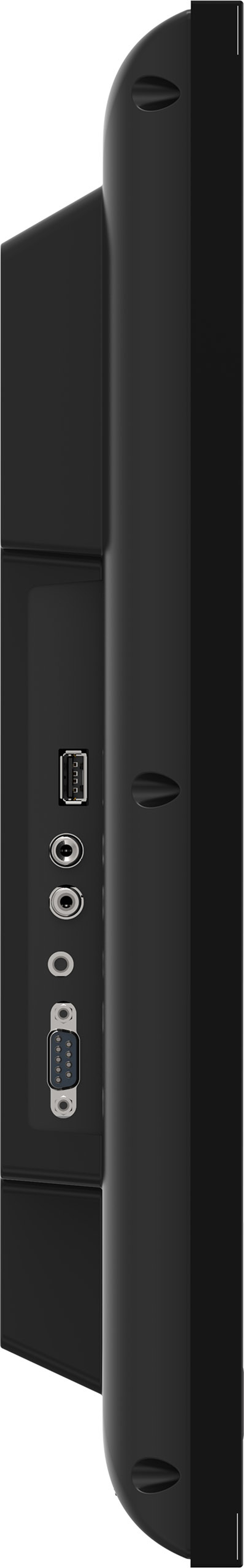 Vista lateral de un monitor negro con puertos. Incluye USB, audio y un puerto VGA.