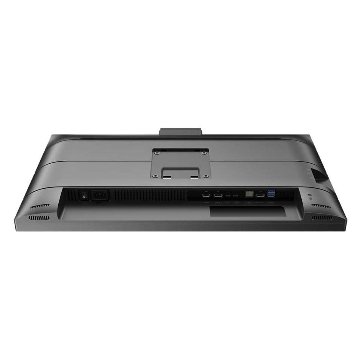 Spód monitora z portami, wejściem zasilania i wentylacją. Szary kolor.