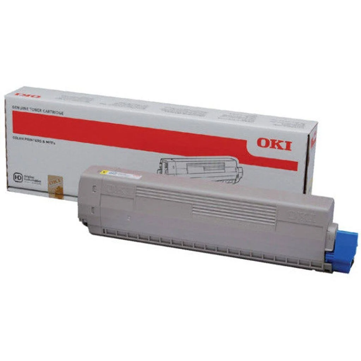 Een grijze tonercartridge met een blauw uiteinde, en een doos met het OKI-logo.