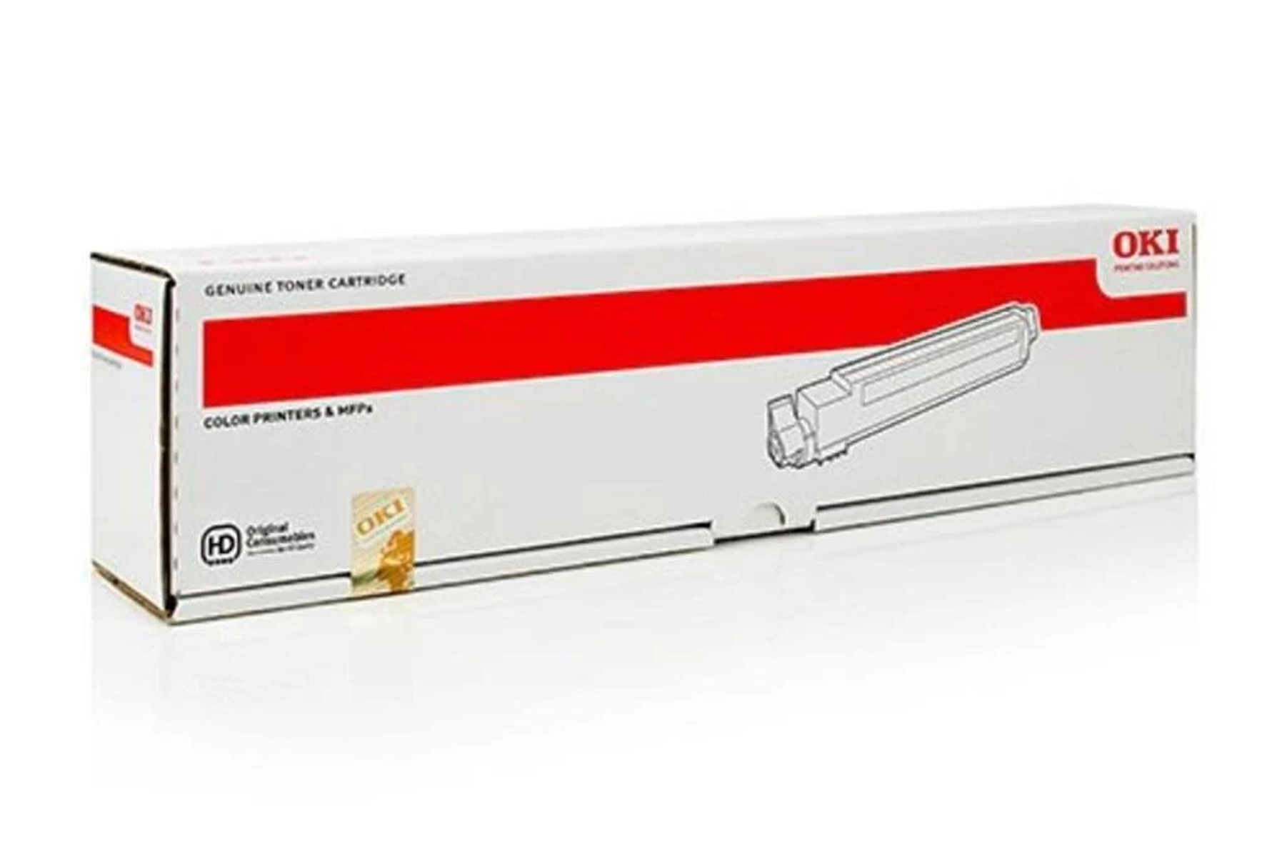 Witte doos met rode streep. Bevat een printertonercartridge. OKI-merk op de doos.