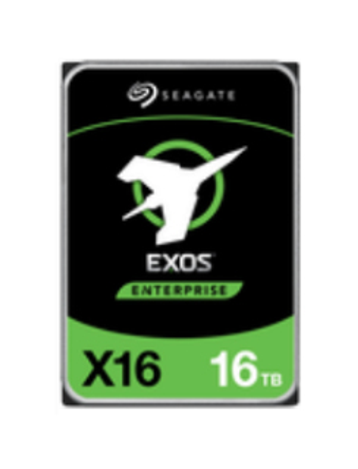 Dysk twardy Seagate Exos 16 TB. Czarna i zielona etykieta z logo i tekstem.