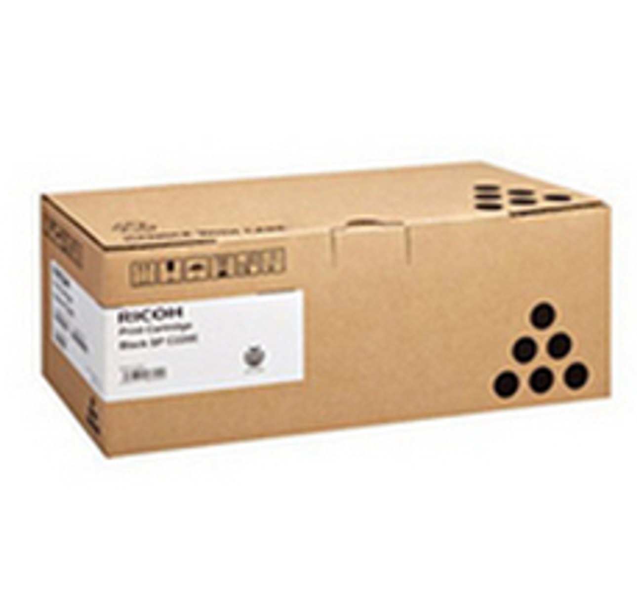 Bruine Ricoh tonercartridge-doos op een witte achtergrond.