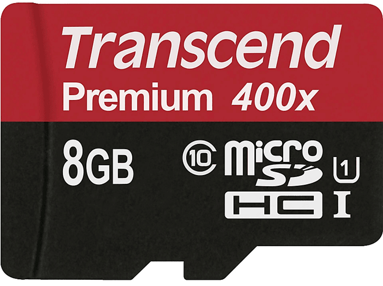 Rote und schwarze SD-Karte. Text zeigt 8GB, Micro SDHC I und 400x an.