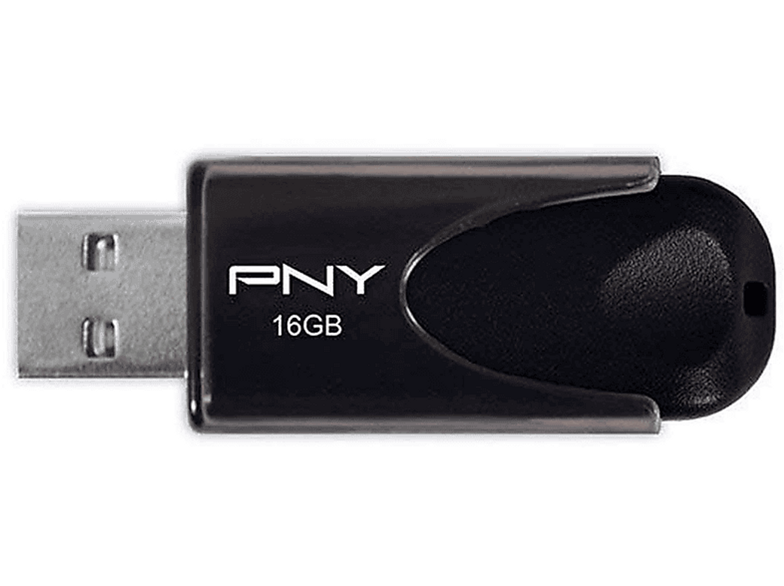 Czarny pendrive PNY 16GB z otwartą przesuwną osłoną.