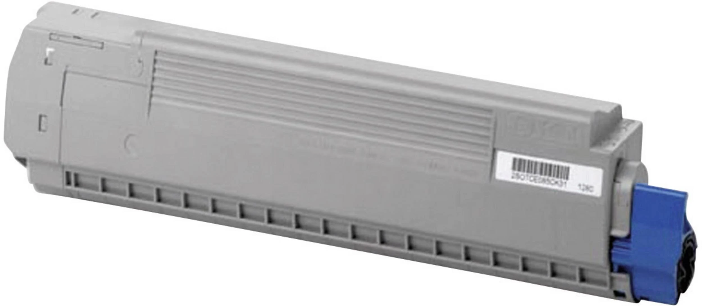 Wkład z tonerem. Szary korpus z niebieską nasadką i czarnym złączem.