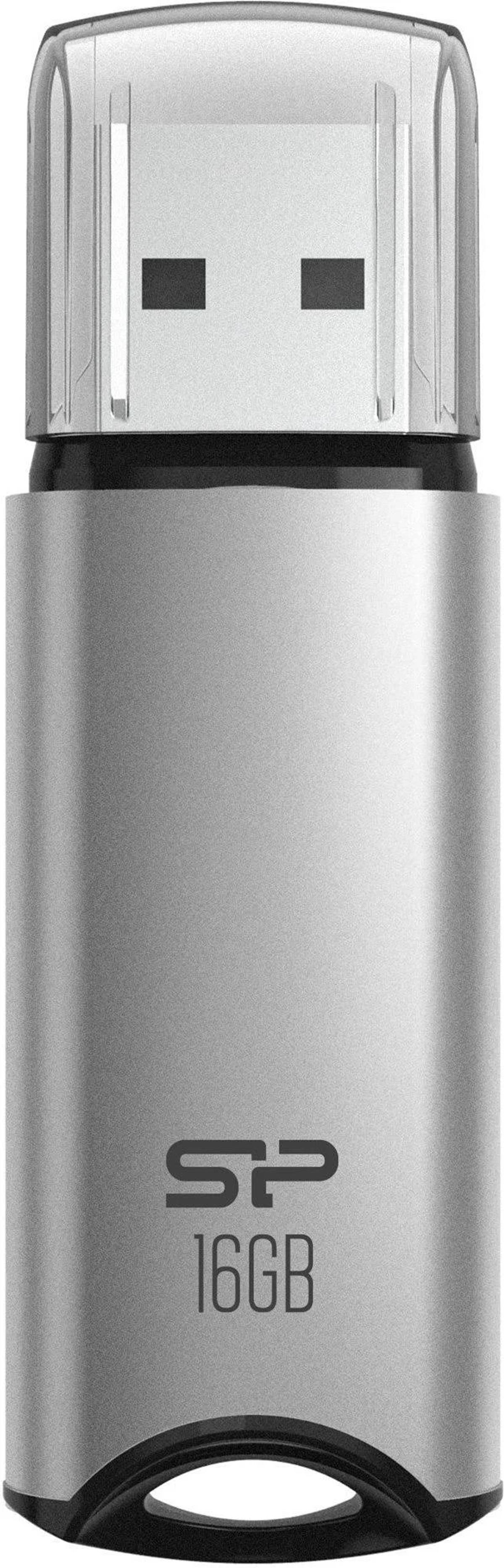 Unità flash USB SP 16 GB argento e nera. Il connettore USB è argento.