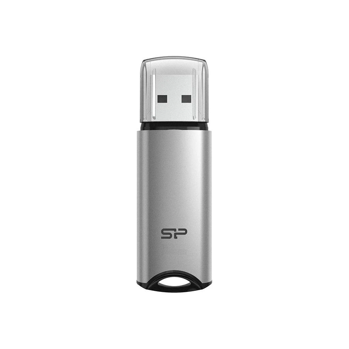 Una chiavetta USB argentata isolata su sfondo bianco.