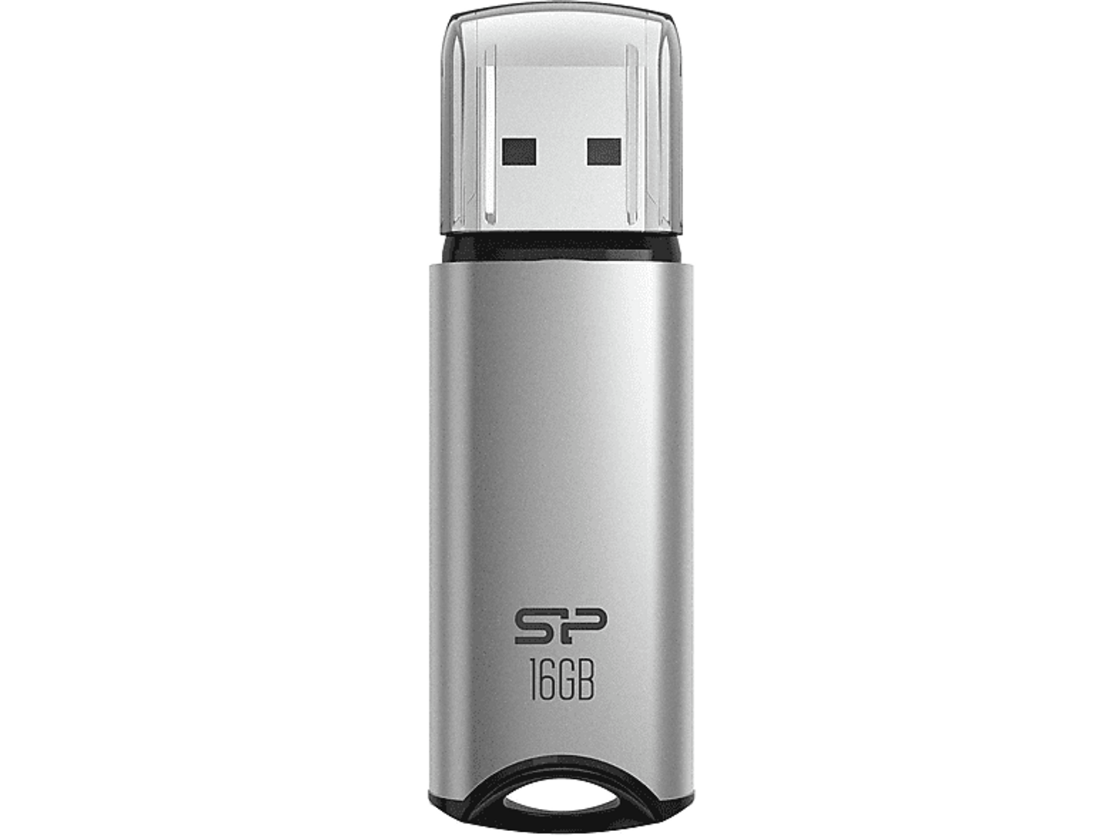 Un'unità USB argentata con cappuccio nero. L'unità riporta la scritta 'SP 16GB'.