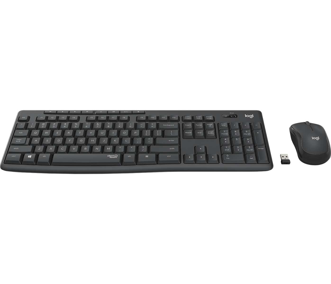 Un conjunto de teclado y ratón negros. El teclado tiene un teclado numérico y se incluye un receptor USB.