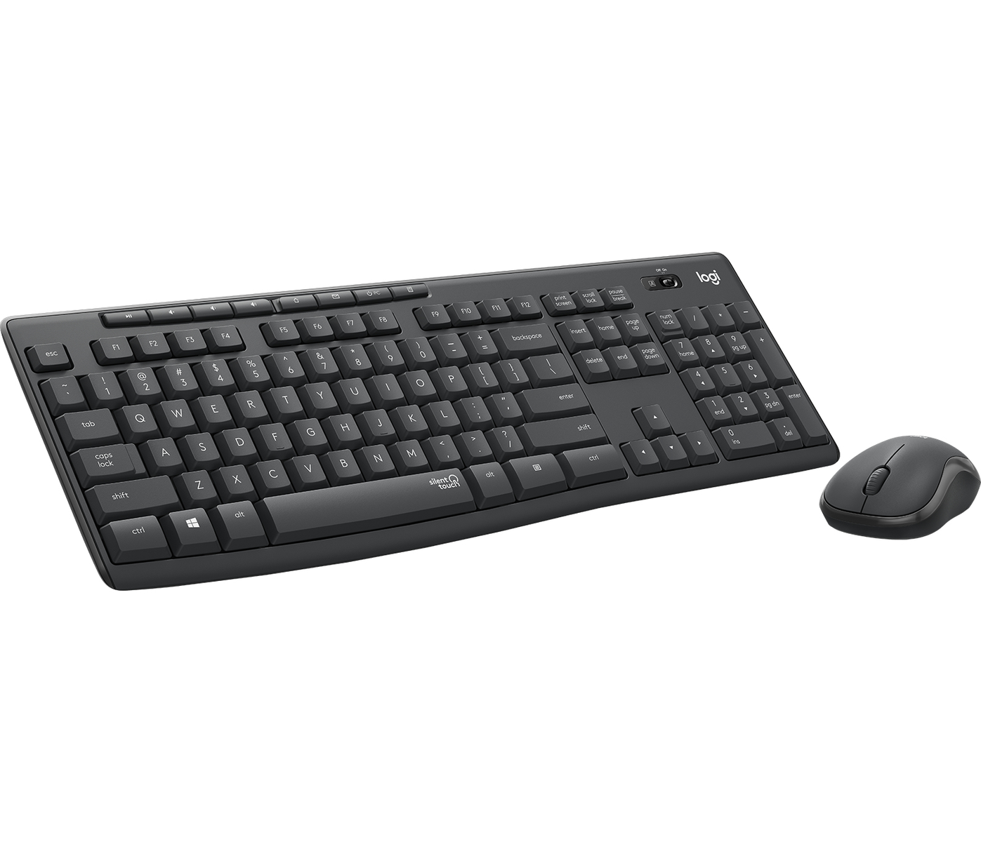 Juego de teclado y ratón Logitech negro sobre una superficie blanca. El teclado tiene muchas teclas.
