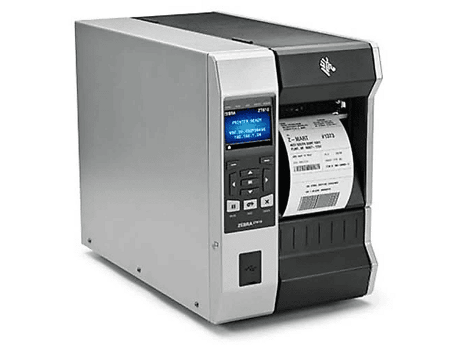 Ein Drucker mit Bildschirm und Papierrolle, der einen Beleg druckt. Schwarz-Weiß-Farbschema.