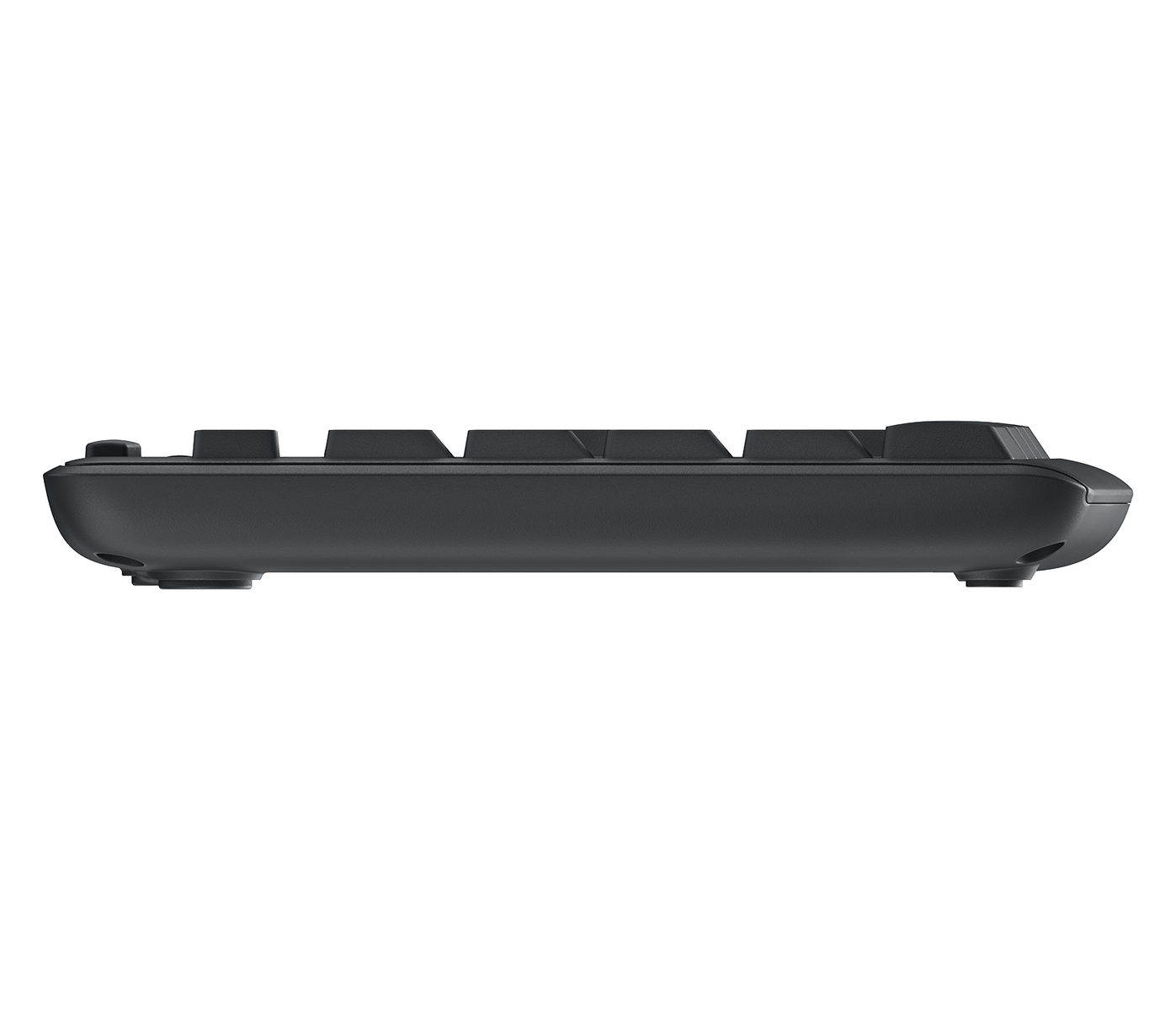 Teclado negro, ángulo bajo, mostrando teclas y parte inferior.
