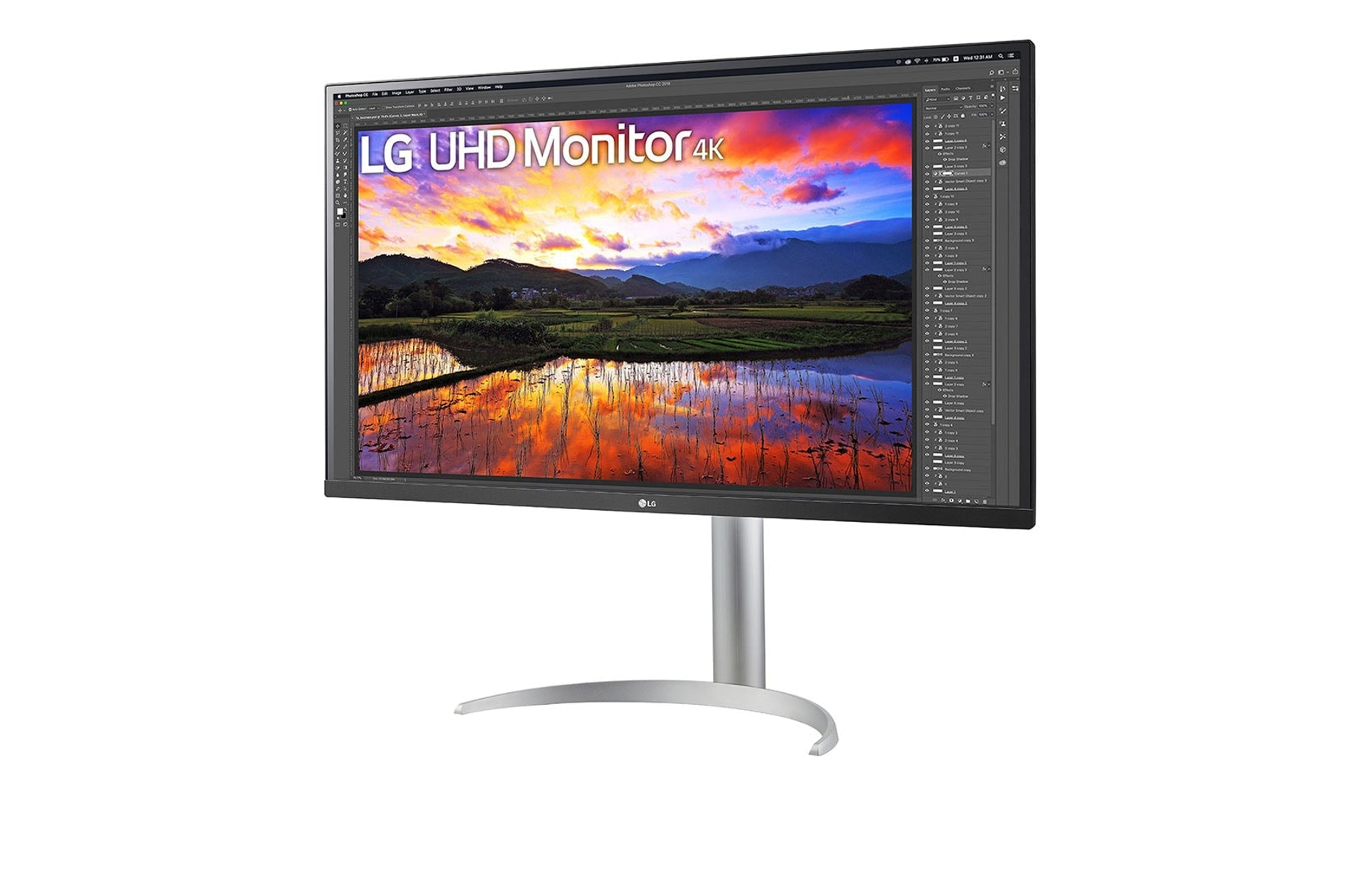 Monitor LG 4K UHD wyświetlający krajobraz.