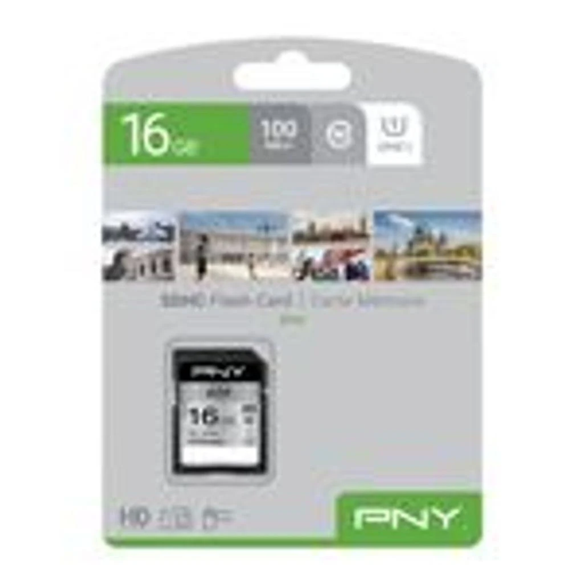 SDHC-Karte in einer Verpackung. Die Verpackung ist weiß und hat ein 16GB-Etikett. PNY ist aufgedruckt.