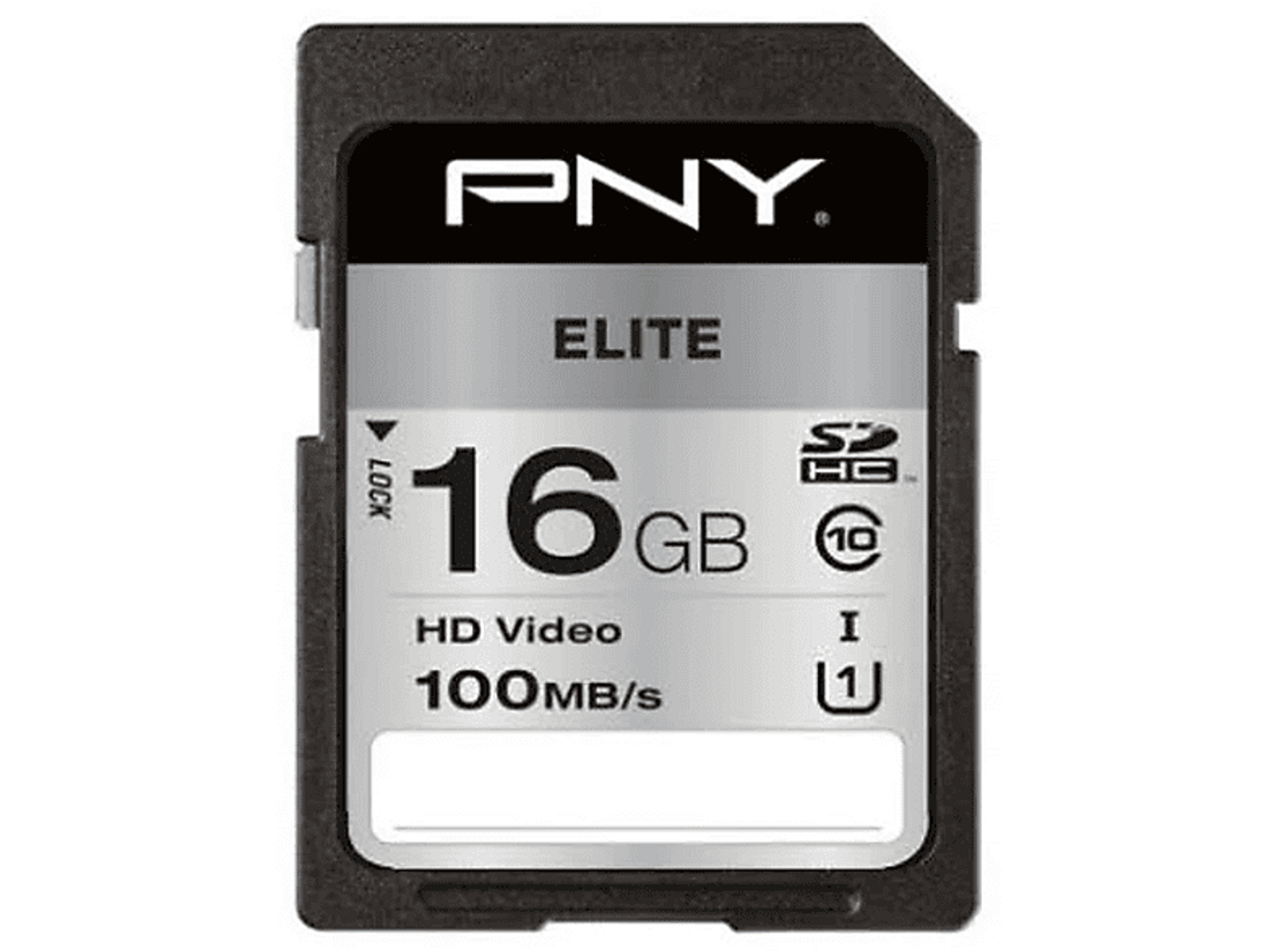 Eine schwarze und graue PNY Elite 16GB SD-Karte mit Text und einem Schlosssymbol. Die Karte ist auf schwarzem Hintergrund.
