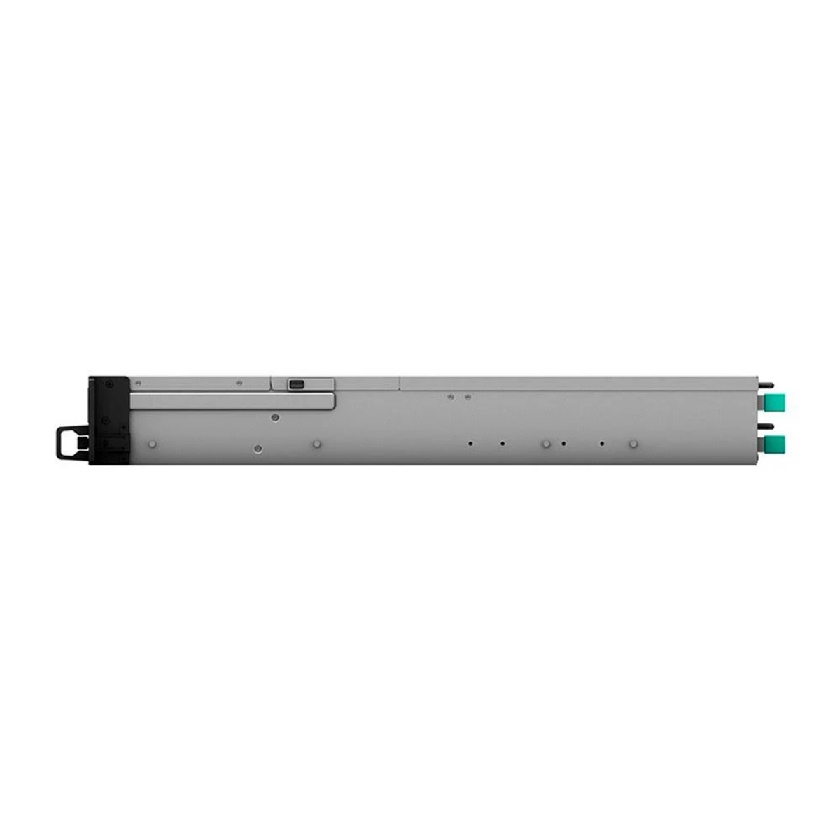 Rack serveur gris avec ports verts sur le côté droit. Vue latérale. Possède des trous de vis et d'autres ports.
