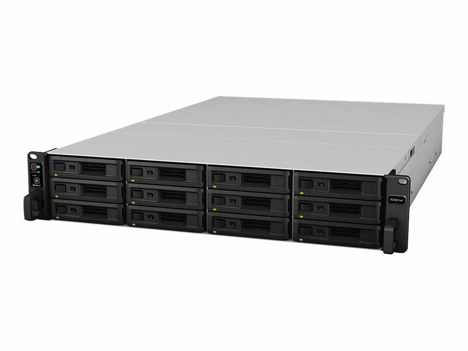 Serveur argenté avec baies de lecteur noires. Huit baies. Nom du modèle RS3621xs+. Vue en perspective.
