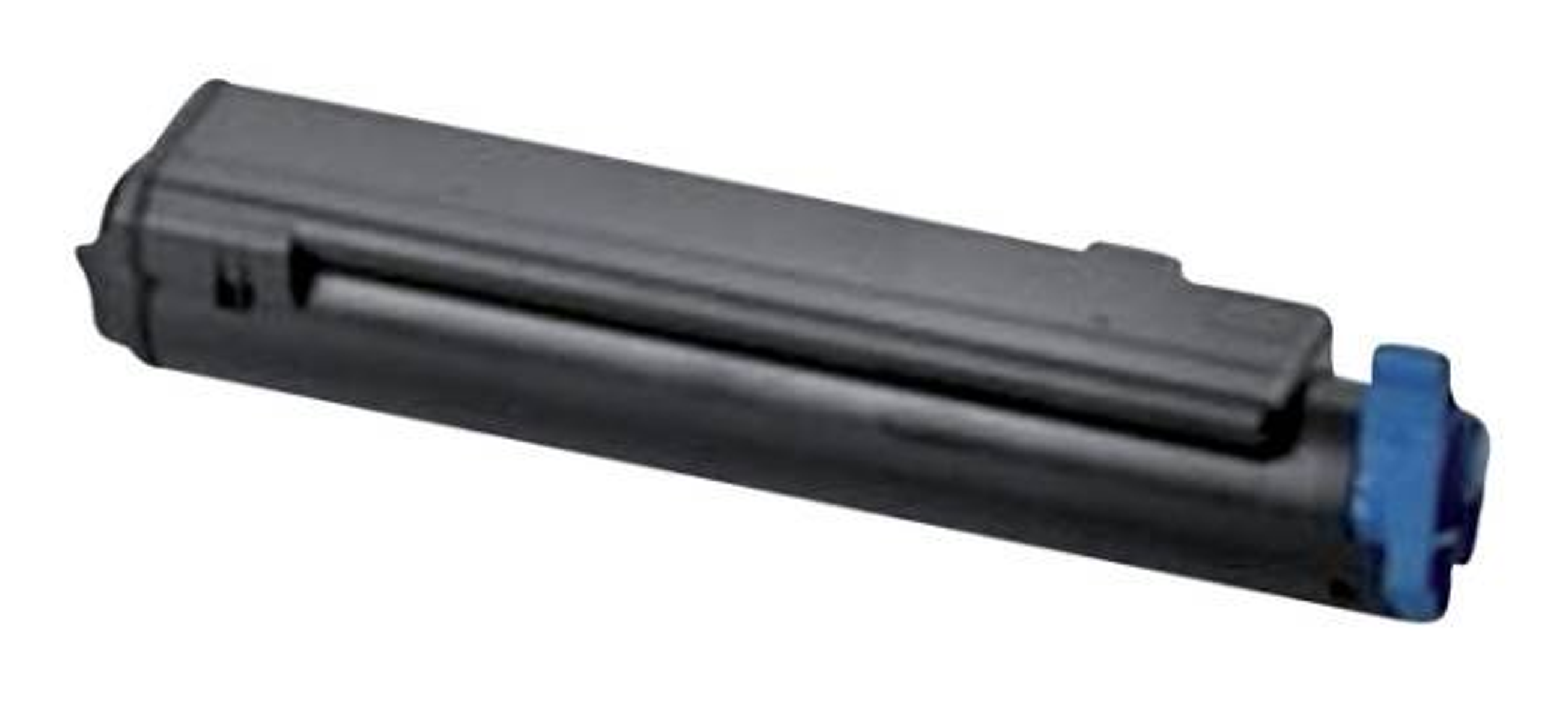 Czarny wkład z tonerem z niebieskimi akcentami na białym tle.