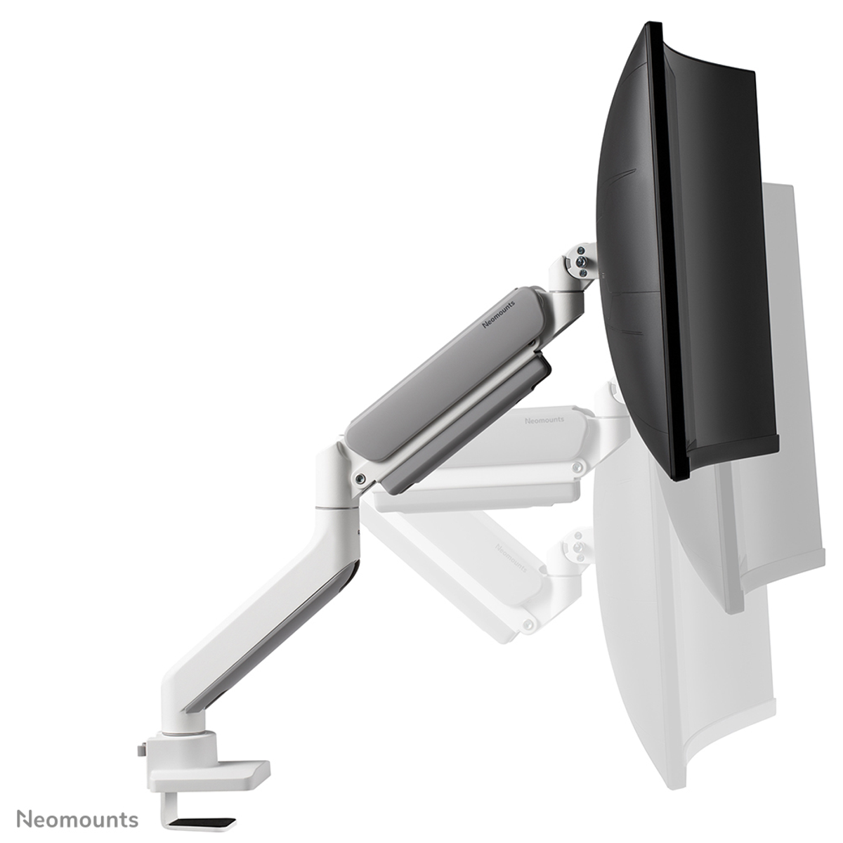 Brazo de monitor con un monitor de pantalla curva. El brazo es blanco y gris, y la pantalla es negra.