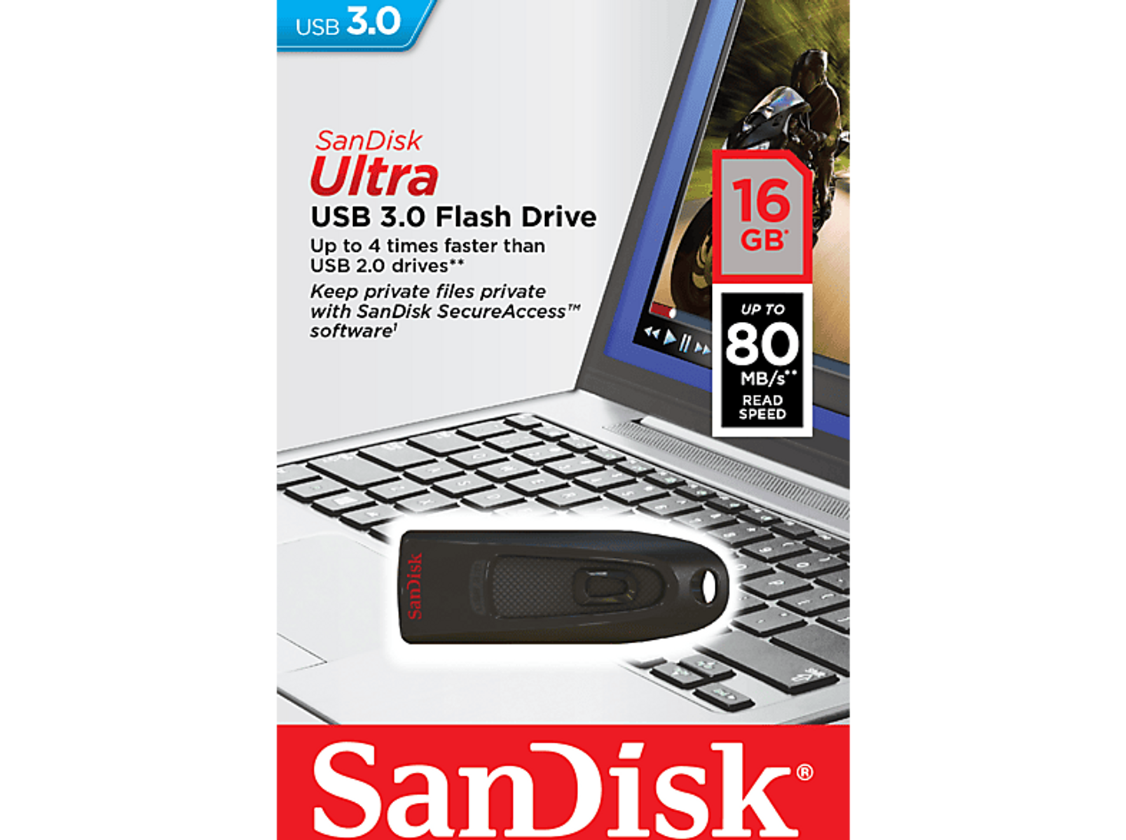 Pendrive USB 3.0 SanDisk. Czarny, podłączony do laptopa z grafiką promocyjną.