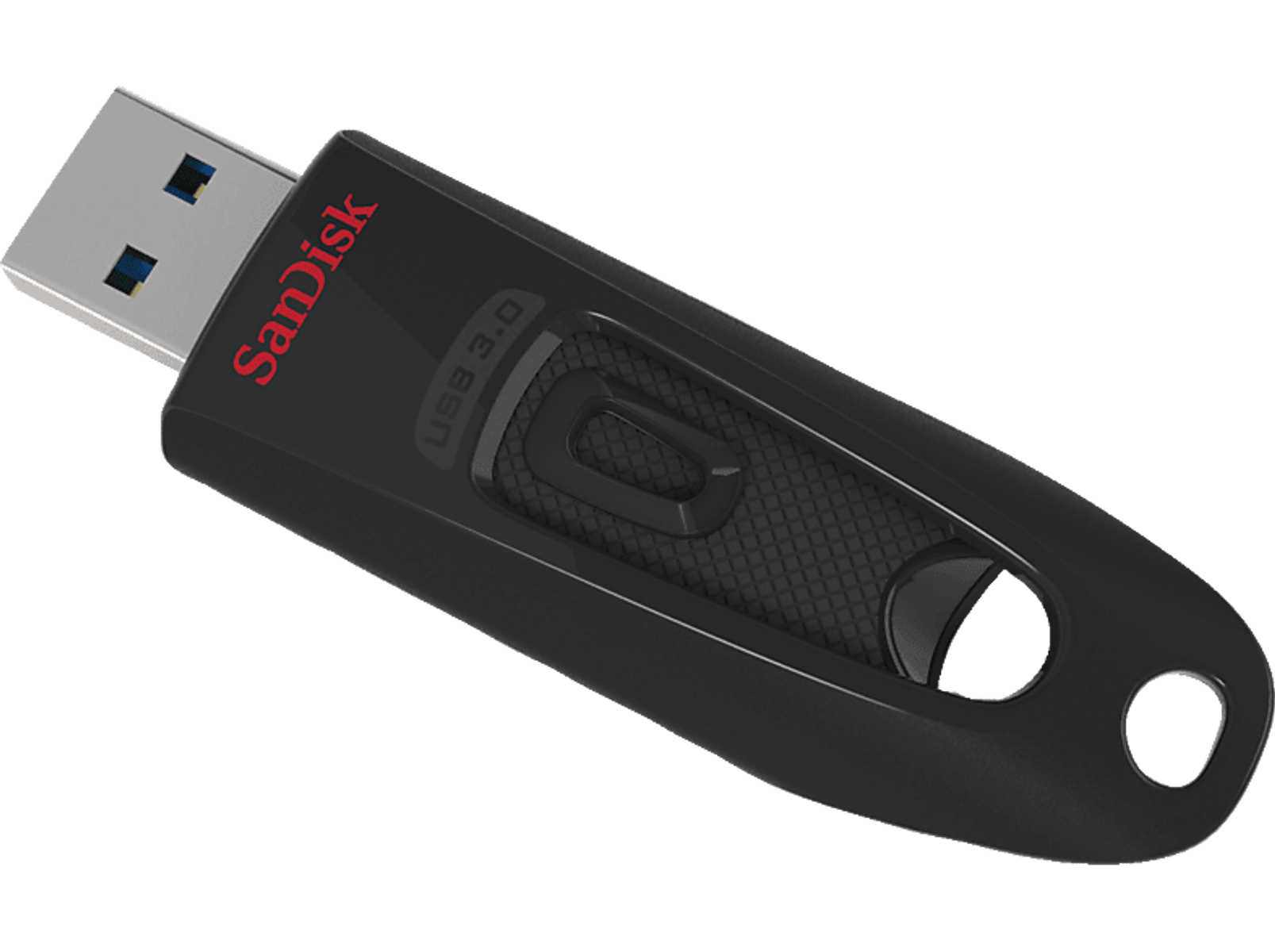 Czarny i czerwony pendrive Sandisk. Ma etykietę USB 3.0 i logo Sandisk.