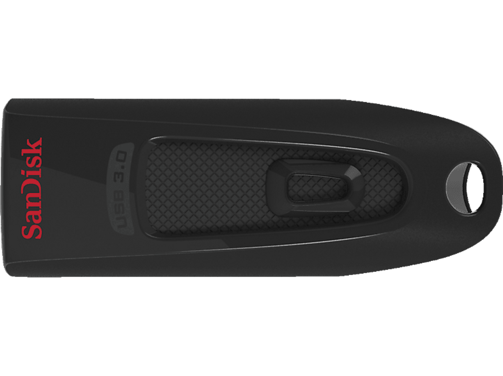 Czarny pendrive SanDisk USB 3.0. Czerwone logo SanDisk. Czarne tło.