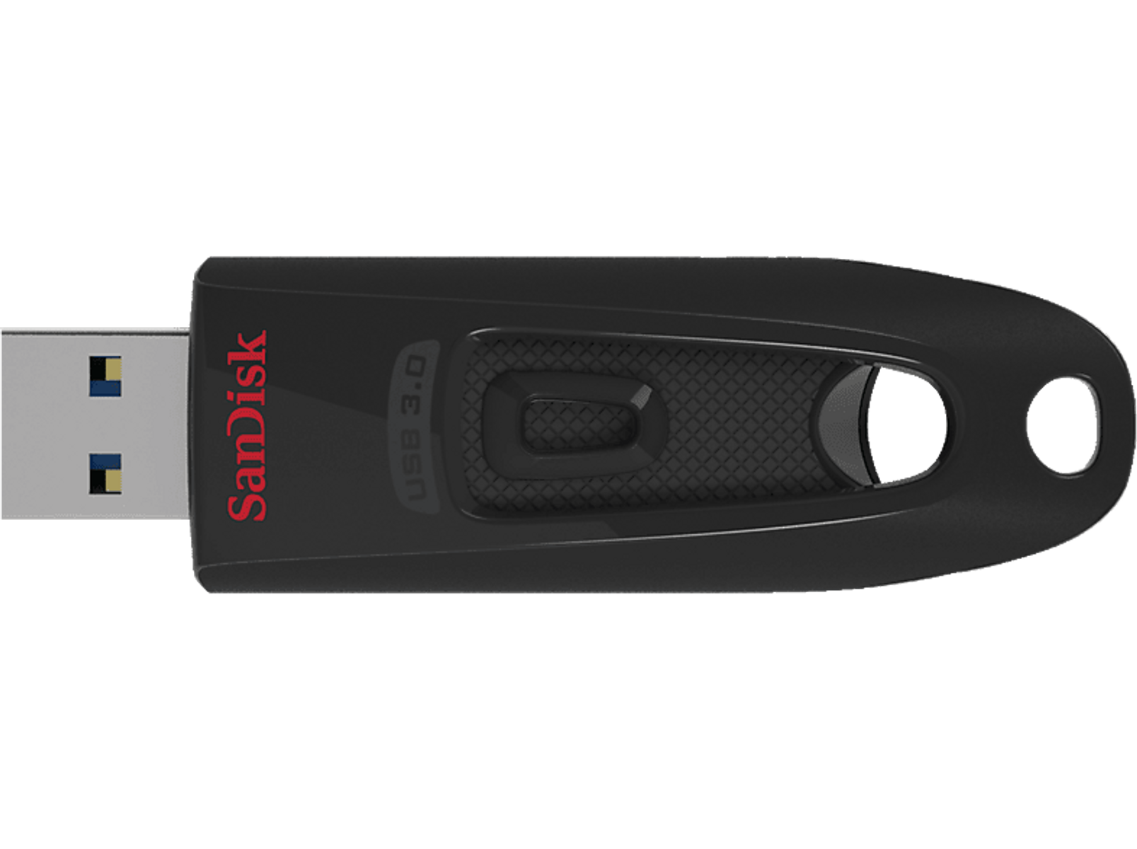 Czarny i czerwony pendrive SanDisk. Jest podłączony i gotowy do użycia.