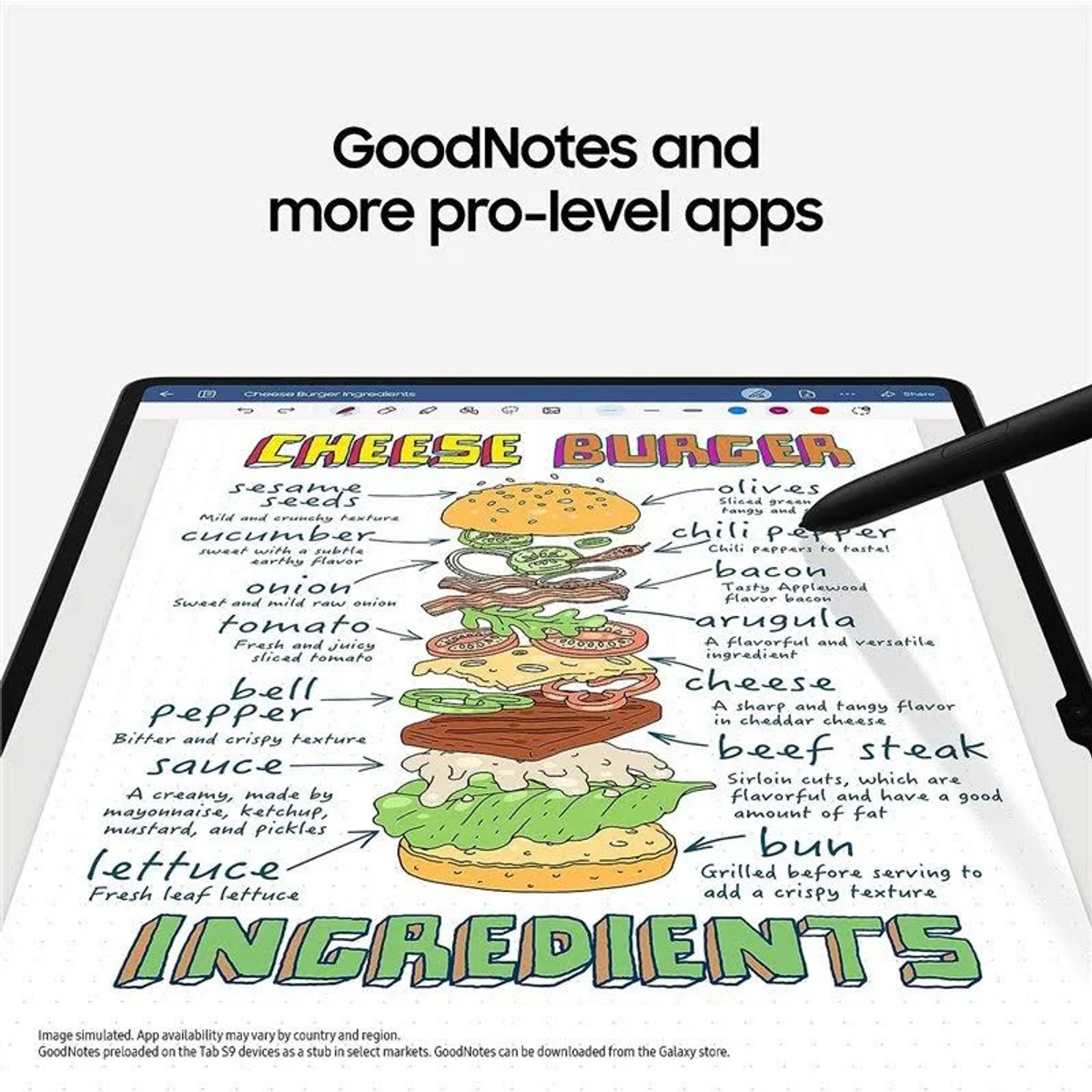 Tabletscherm met geïllustreerde burgeringrediënten, tekst: GoodNotes en meer pro-apps.