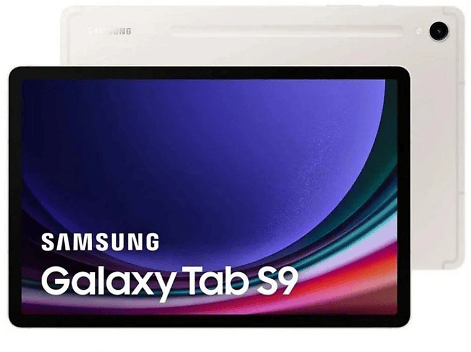 Een witte en crèmekleurige tablet met de woorden Samsung Galaxy Tab S9. Achterkant is wit.