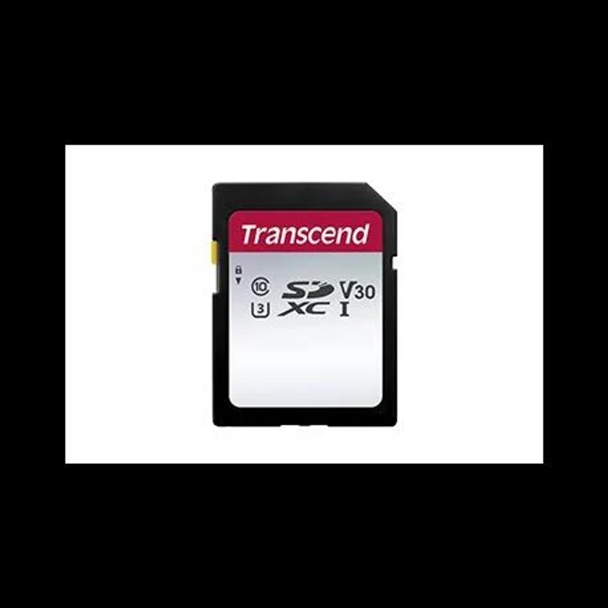 Transcend SD-Karte. Schwarze Karte mit rotem Etikett und weißem Text, auf schwarzem Hintergrund.