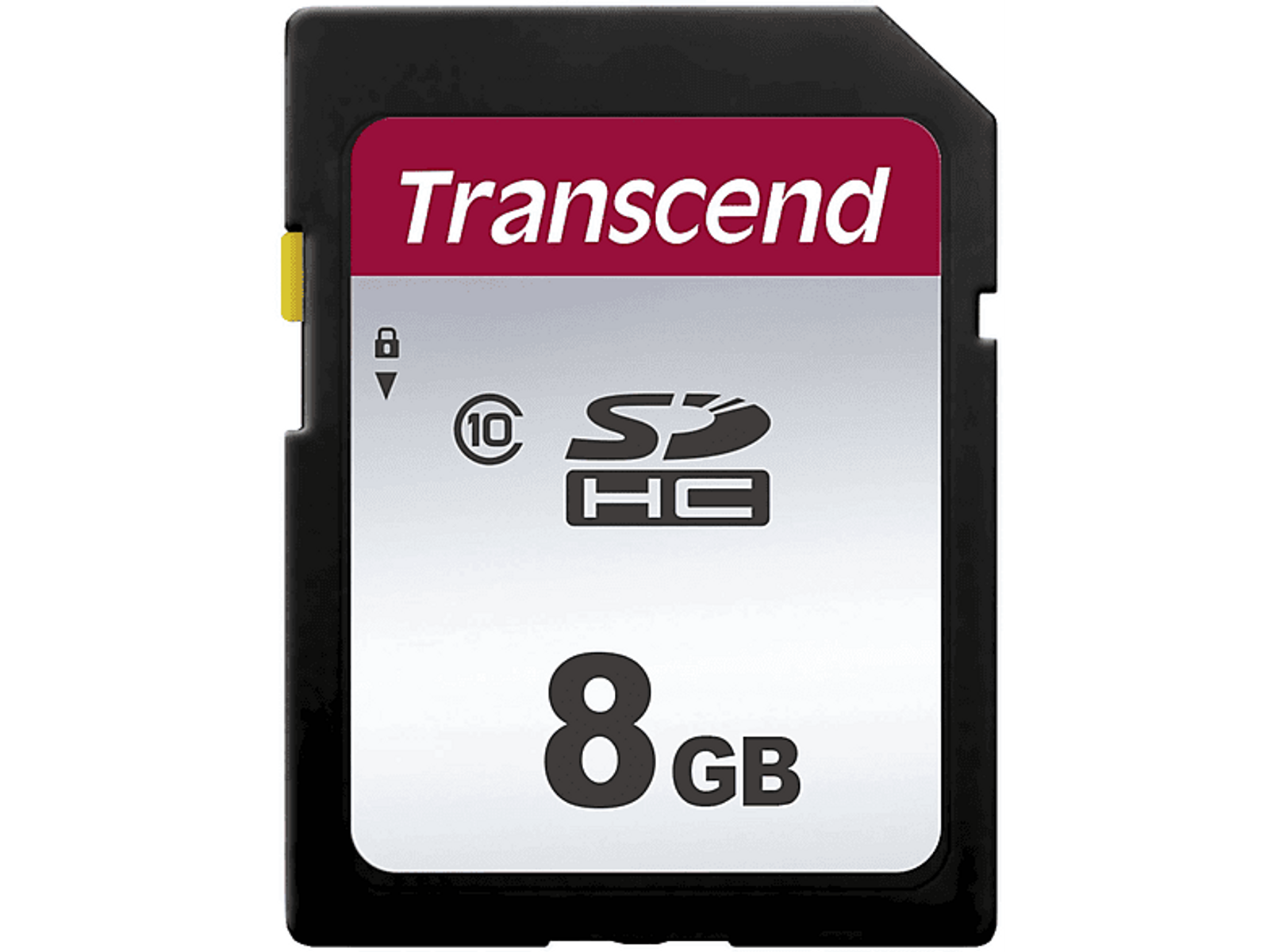 Eine 8GB SDHC-Speicherkarte mit 'Transcend'-Logo. Rot-weißes Farbschema.