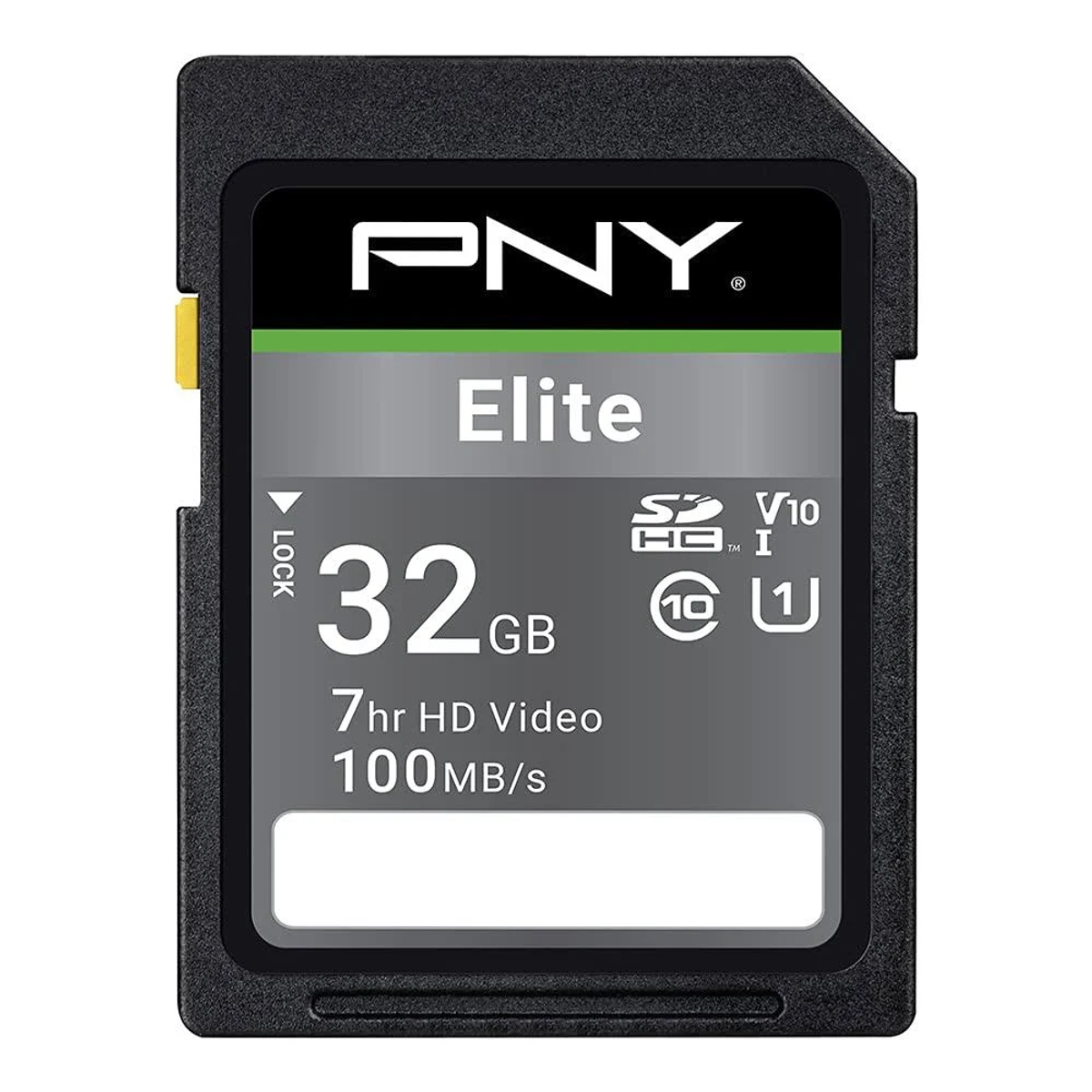 PNY Elite 32GB SD-Karte. Schwarze Karte mit weißem Text. Hat einen Verriegelungsschalter und einen gelben Tab.