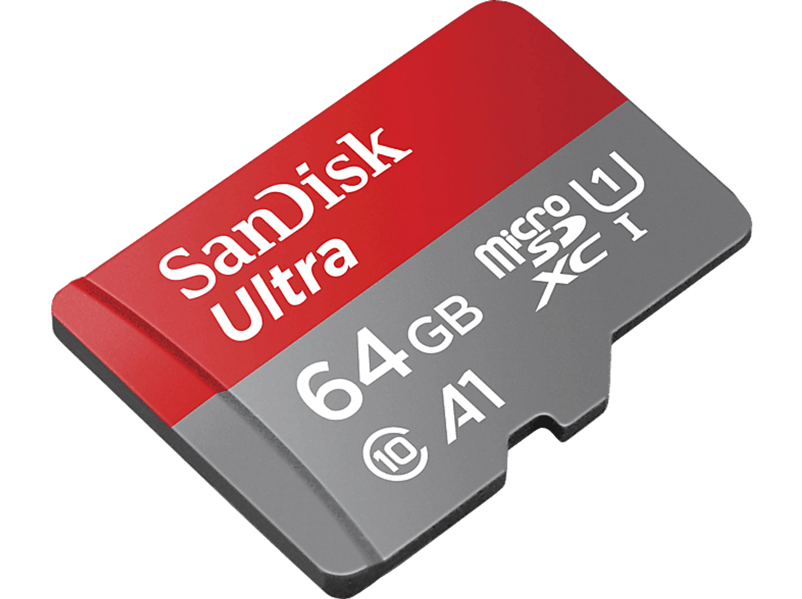 A red and gray SanDisk Ultra 64GB micro SD card on a black background.