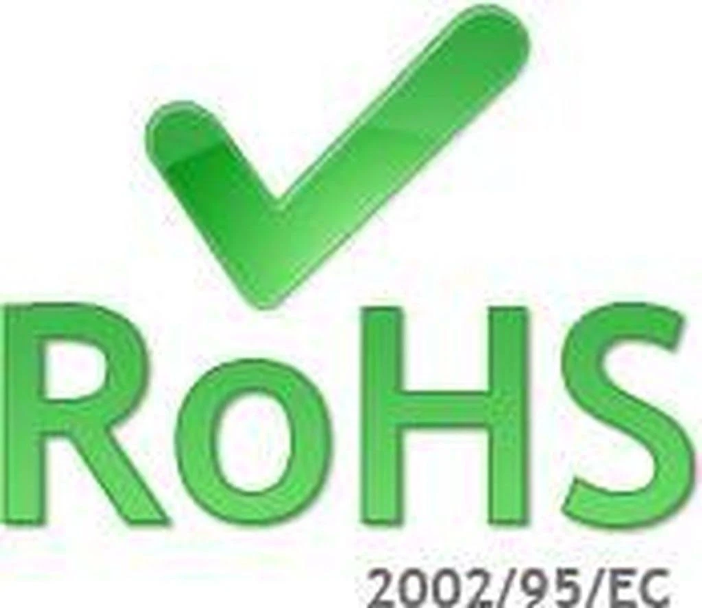 Spunta verde sopra la parola 'RoHS' in verde. Sotto il testo '2002/95/CE'.